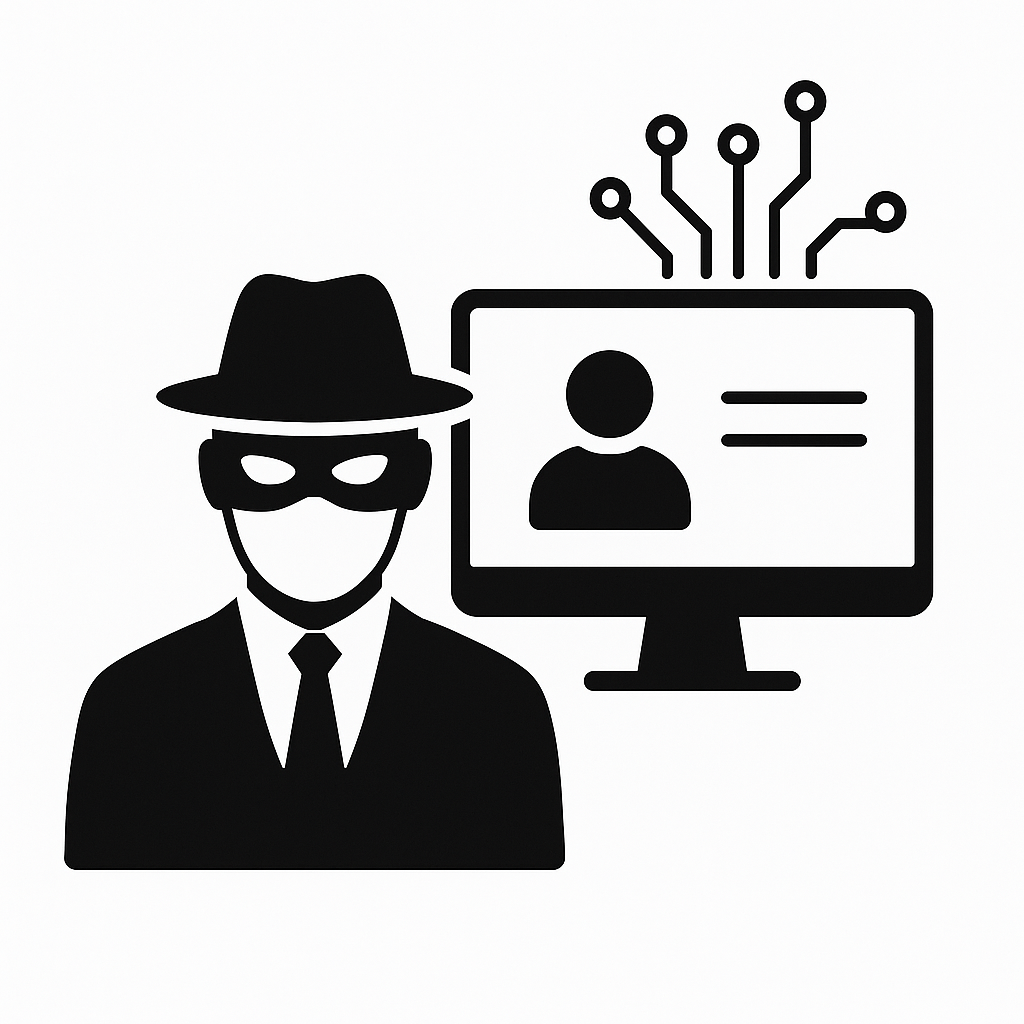 Illustration af maskeret person i jakkesæt foran computerskærm med digital profil og kredsløb – symbol på AI-bedrageri og cybertrusler.