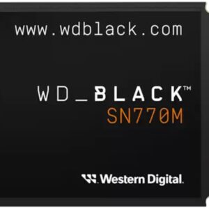 Produktbillede af WD_BLACK SN770M NVMe SSD, 1TB version i M.2 2230 format – sort design med WD_BLACK branding og guldstik til PCIe 4.0 interface.