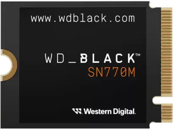 Produktbillede af WD_BLACK SN770M NVMe SSD, 1TB version i M.2 2230 format – sort design med WD_BLACK branding og guldstik til PCIe 4.0 interface.