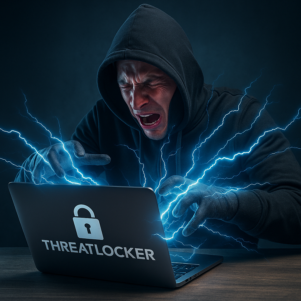 Hacker i hættetrøje får stød, mens han forsøger at hacke en bærbar computer med ThreatLocker-logo, illustrerer effektiv IT-sikkerhed og afværgning af angreb.