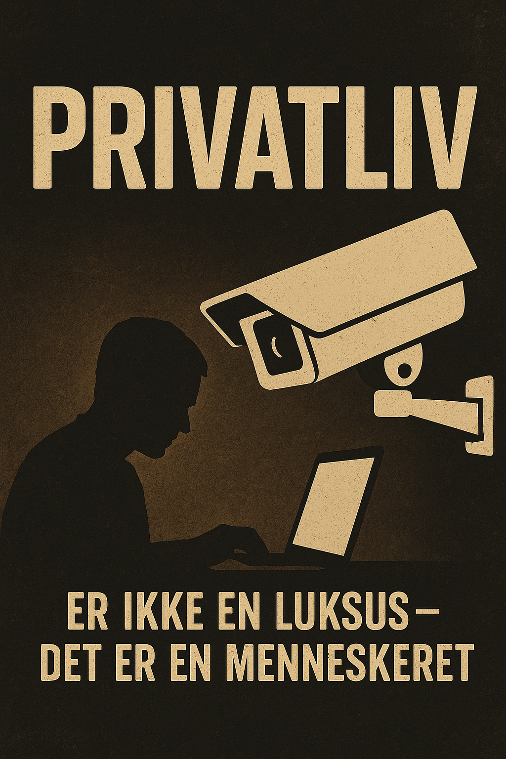 Illustration af en overvågningskamera rettet mod en person ved en computer, med teksten "Privatliv er ikke en luksus – det er en menneskeret".