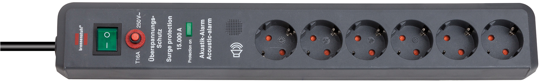 Brennenstuhl Secure-Tec 6-vejs strømskinne i antracit med 3 m kabel, overspændingsbeskyttelse, akustisk alarm, grøn sikkerhedsafbryder og seks børnesikrede udtag.