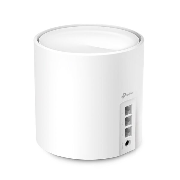 TP-Link Deco X50 mesh enhed set bagfra med tre gigabit LAN-porte og strømindgang.