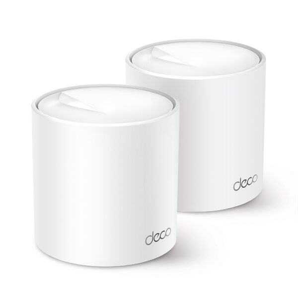To TP-Link Deco X50 mesh Wi-Fi 6 enheder i hvid, set forfra.