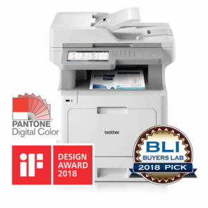 Brother MFC-L9570CDW kontorprinter med Pantone-farvecertificering og designpriser.