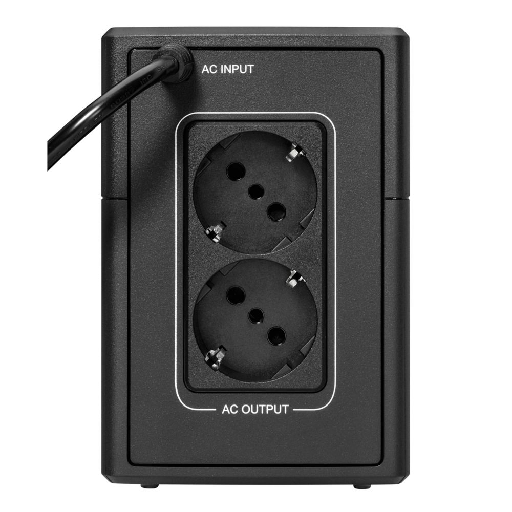 Eaton 5E Gen2 UPS bagpanel med strømindgang og to Schuko-udgange.