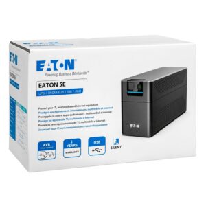 Hvid produktæske med Eaton 5E Gen2 UPS 900VA/480W vist på forsiden, med blå ikoner for USB, garanti og lydsvag drift.