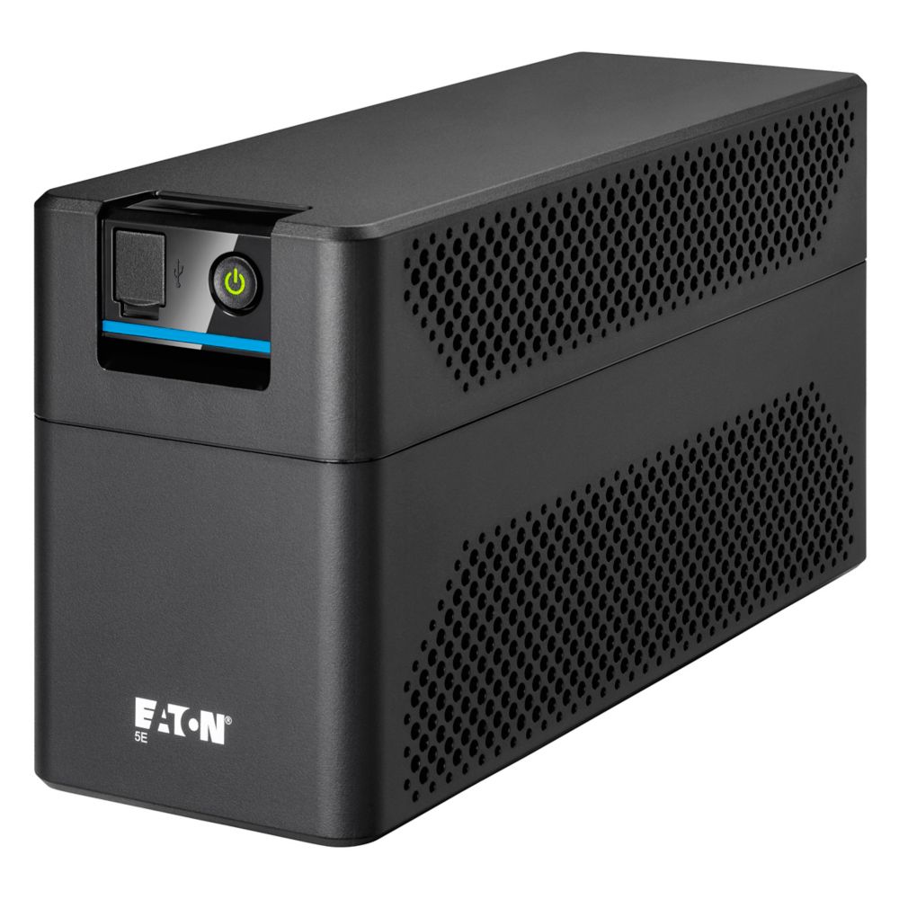 Sort Eaton 5E Gen2 UPS 900VA/480W med ventilationshuller og frontpanel med tænd/sluk-knap og USB-port.