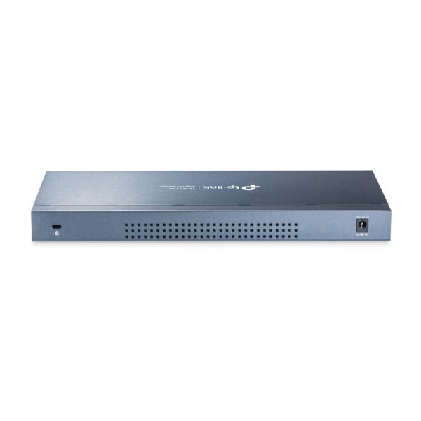 Bagpanel af TP-Link TL-SG116 switch med strømtilslutning og Kensington-lås.