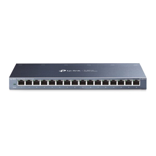 Frontpanel af TP-Link TL-SG116 med 16 RJ45 Gigabit-porte.