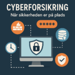 Illustration af cyberforsikring med ikoner for firewall, adgangskoder, backup og sikkerhed omkring en computer.