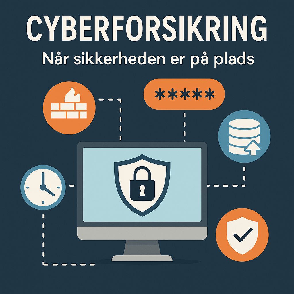 Illustration af cyberforsikring med ikoner for firewall, adgangskoder, backup og sikkerhed omkring en computer.