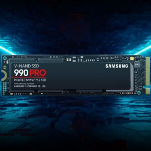 Samsung 990 PRO NVMe SSD præsenteret i futuristisk blå baggrund