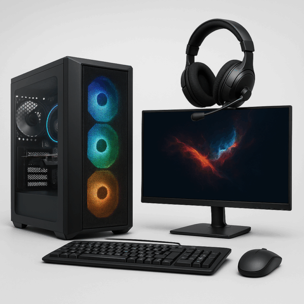 Komplet Checkpoint gamer-pc setup med RGB-kabinet, 24" skærm, tastatur, mus og headset på et skrivebord, klar til spil.