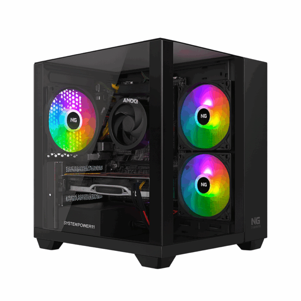 LevelUP gamer-pc med fuldt udstyret RGB-kabinet, synligt grafikkort, køling og strømforsyning i et moderne glasdesign.