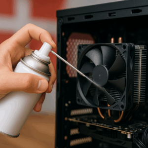 En hånd bruger en dåse med trykluft til at rense en CPU-køler i en stationær computer, med den danske flagfarve i baggrunden.
