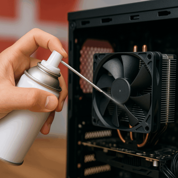 En hånd bruger en dåse med trykluft til at rense en CPU-køler i en stationær computer, med den danske flagfarve i baggrunden.