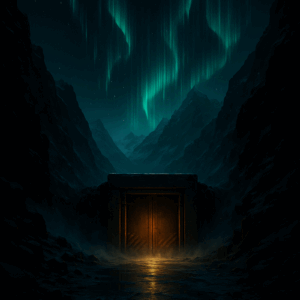 Bogcover til The Light Before Dust. En mørk bjergdal oplyst af nordlys, med en massiv, oplyst bunkerport i forgrunden under en kold, stjernefyldt nattehimmel.