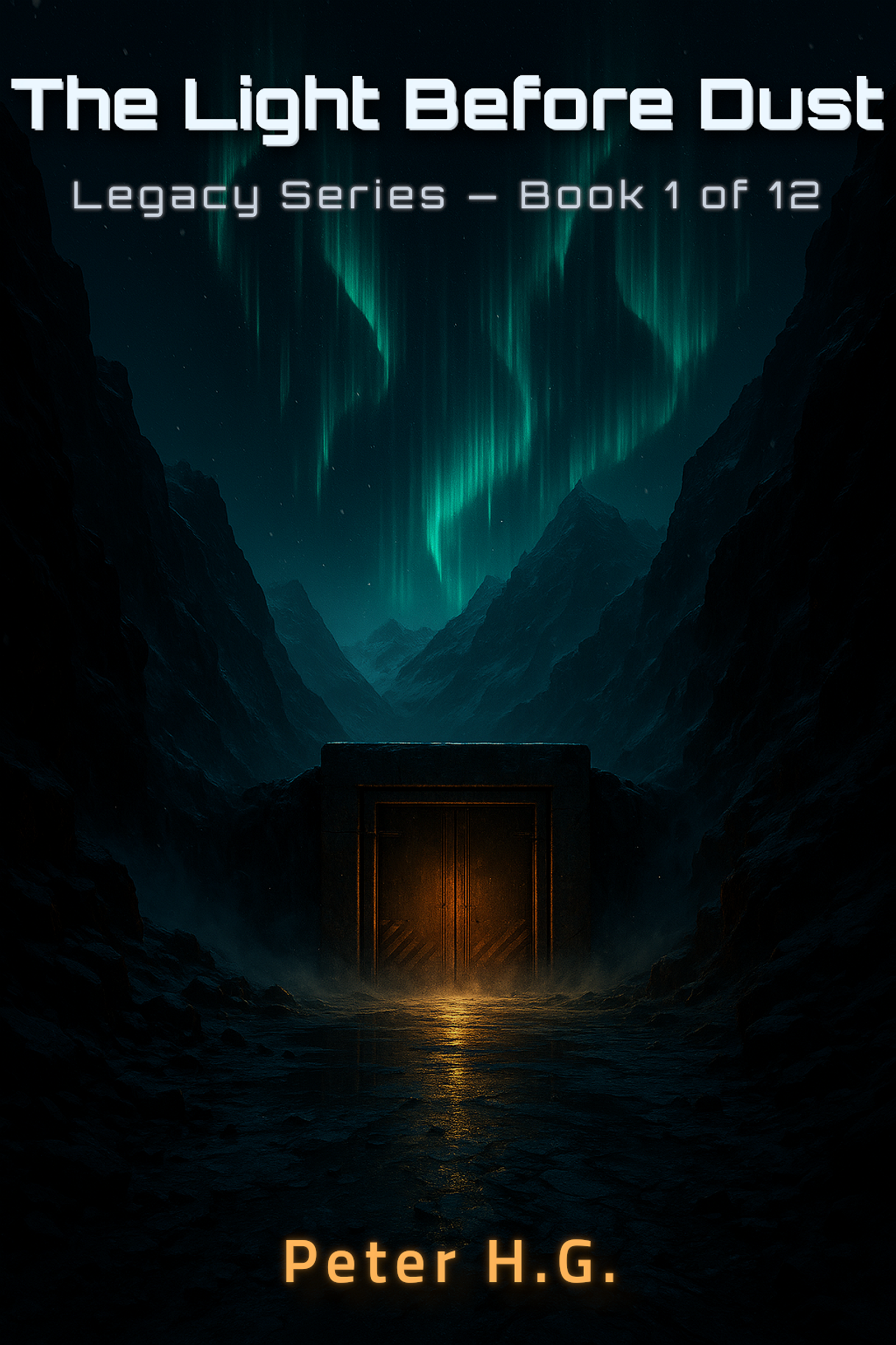 Bogcover til The Light Before Dust. En mørk bjergdal oplyst af nordlys, med en massiv, oplyst bunkerport i forgrunden under en kold, stjernefyldt nattehimmel.