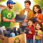 Illustration af genbrug og donation af IT-udstyr, hvor en familie modtager computere og tablets og tydeligt udtrykker glæde og taknemmelighed.