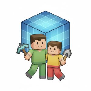 Illustration af forælder og barn, der spiller Minecraft sammen foran en blå serverkube – tryg og familievenlig Minecraft server med dansk support.