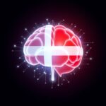 Illustration af en digital hjerne med dansk flagmønster, omgivet af teknologiske forbindelseslinjer og netværksnoder, repræsenterer den nye danske Odin LLM AI’s intelligens og danske teknologi.