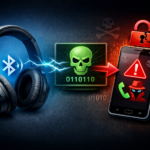 Illustration af Bluetooth-hacking hvor trådløse hovedtelefoner bruges som adgang til en mobiltelefon