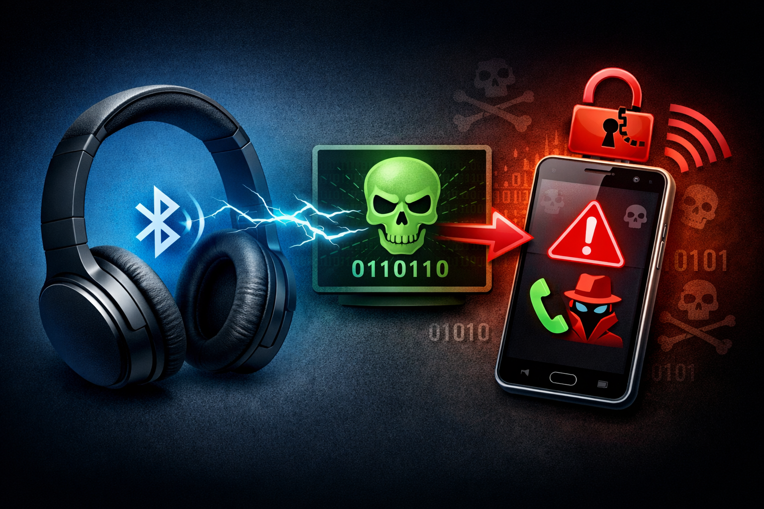 Illustration af Bluetooth-hacking hvor trådløse hovedtelefoner bruges som adgang til en mobiltelefon