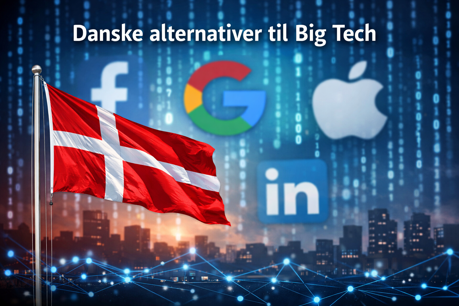 Illustration af det danske flag foran digitale symboler for teknologi, der viser kontrasten mellem danske alternativer og globale Big Tech-platforme.