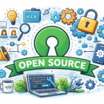 Illustration der symboliserer open source: et åbent nøglehul omgivet af kode, tandhjul, udviklere og samarbejde, som repræsenterer gennemsigtighed, fællesskab og fri software.