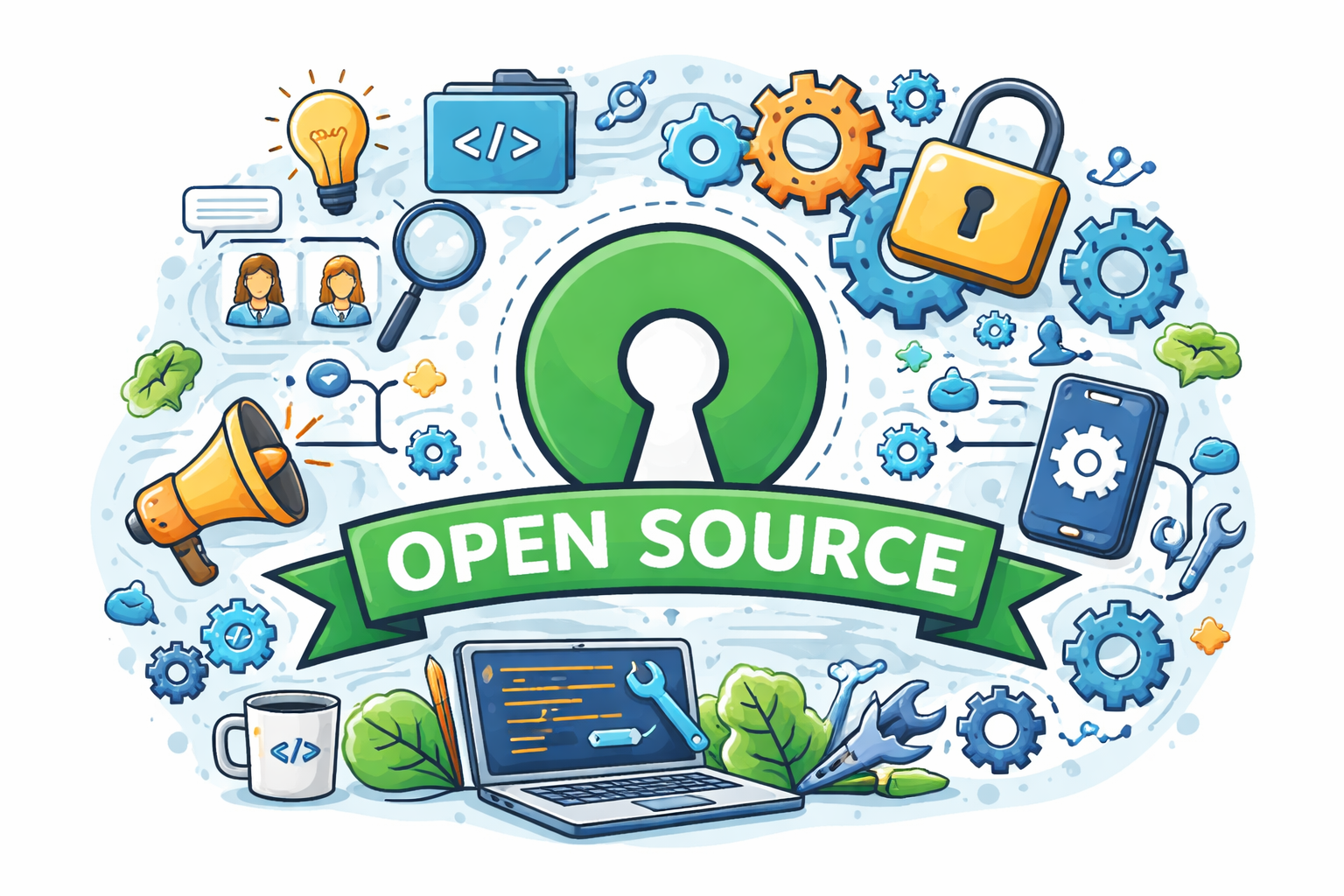 Illustration der symboliserer open source: et åbent nøglehul omgivet af kode, tandhjul, udviklere og samarbejde, som repræsenterer gennemsigtighed, fællesskab og fri software.