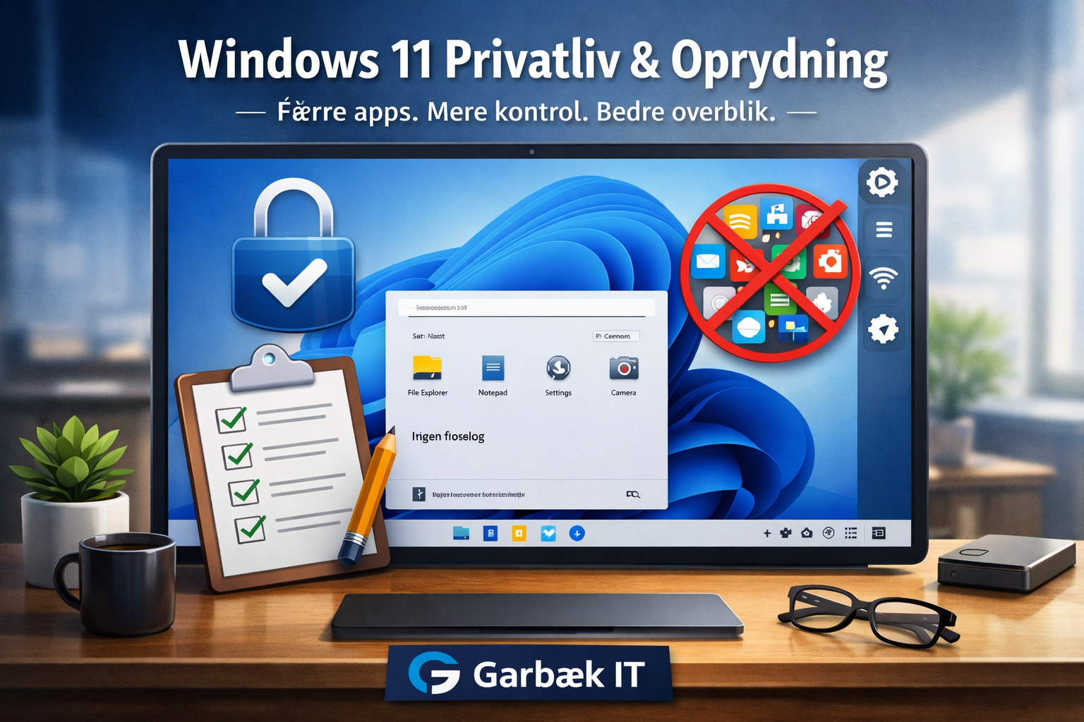 Illustration af et ryddeligt Windows 11 skrivebord med fokus på privatliv, færre apps og bedre kontrol uden bloatware