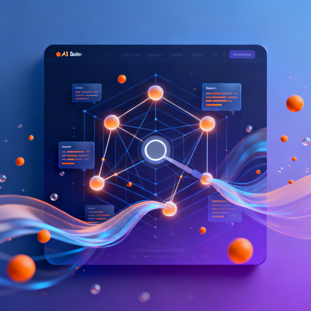 Abstrakt visualisering af AI-søgningsoptimering med geometriske netværksmønstre, glødende noder og flydende datastrømme i blå-lilla gradient med orange accenter. Moderne tech-aesthetic med 3D-elementer der repræsenterer AI-genereret indhold og dataanalyse.