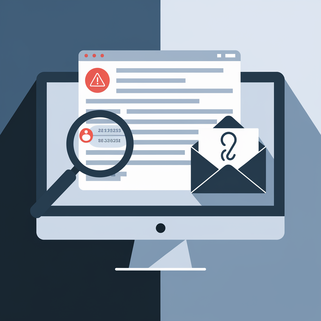 Illustration af en computerskærm med mistænkelig e-mail, advarselssymbol og forstørrelsesglas der undersøger afsenderen, som symbol på Facebook og Meta phishing mod virksomheder.