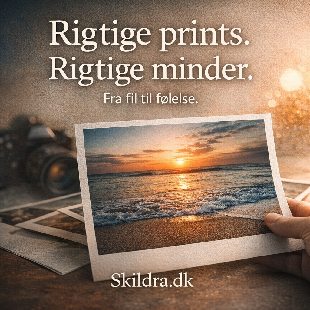Banner for Skildra.dk med teksten “Rigtige prints. Rigtige minder. Fra fil til følelse.” og motiv af fysisk fotoprint i høj kvalitet holdt i hånden ved solnedgang.