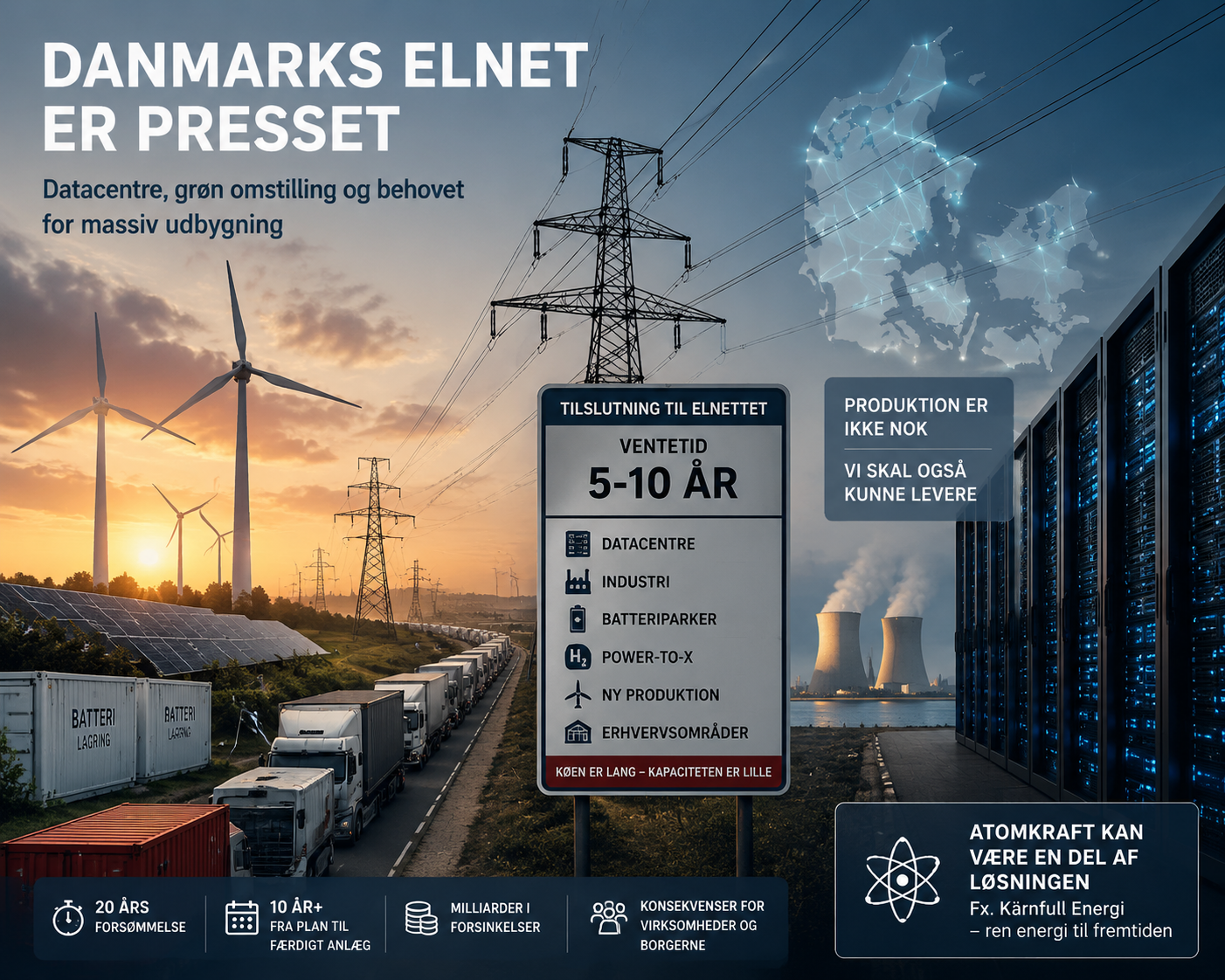 Illustration af Danmarks energinet i ubalance med vindmøller, højspændingsmaster, datacentre og industri, samt grafiske elementer der viser kapacitetsmangel, lange tilslutningstider og pres på elinfrastruktur fra grøn omstilling og nye energikrævende projekter.