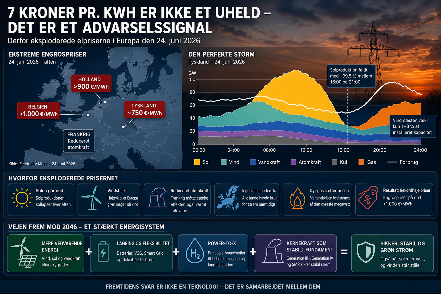 Infografik, der illustrerer de historisk høje elpriser i Europa den 24. juni 2026. Grafikken viser engrospriser i blandt andet Belgien, Holland og Tyskland samt forklarer, hvordan lav vindproduktion, faldende solenergi, reduceret atomkraft og dyre gasværker førte til rekordhøje strømpriser. Den illustrerer også mulige løsninger som vedvarende energi, energilagring, Power-to-X og moderne kernekraft.