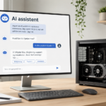 Illustration af en lokal AI-assistent på en computerskærm ved siden af en arbejdsstation, der viser hvordan en virksomhed kan bruge en tydelig og ærlig chatbot uden at lade som om den er et menneske.