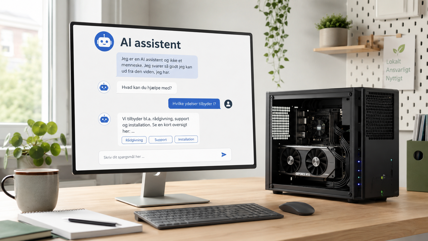 Illustration af en lokal AI-assistent på en computerskærm ved siden af en arbejdsstation, der viser hvordan en virksomhed kan bruge en tydelig og ærlig chatbot uden at lade som om den er et menneske.