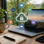 Bærbar computer på et skrivebord med ikoner for mail, kalender, søgning, cloud og sikkerhed, som symboliserer et trygt digitalt skift væk fra Big Tech.