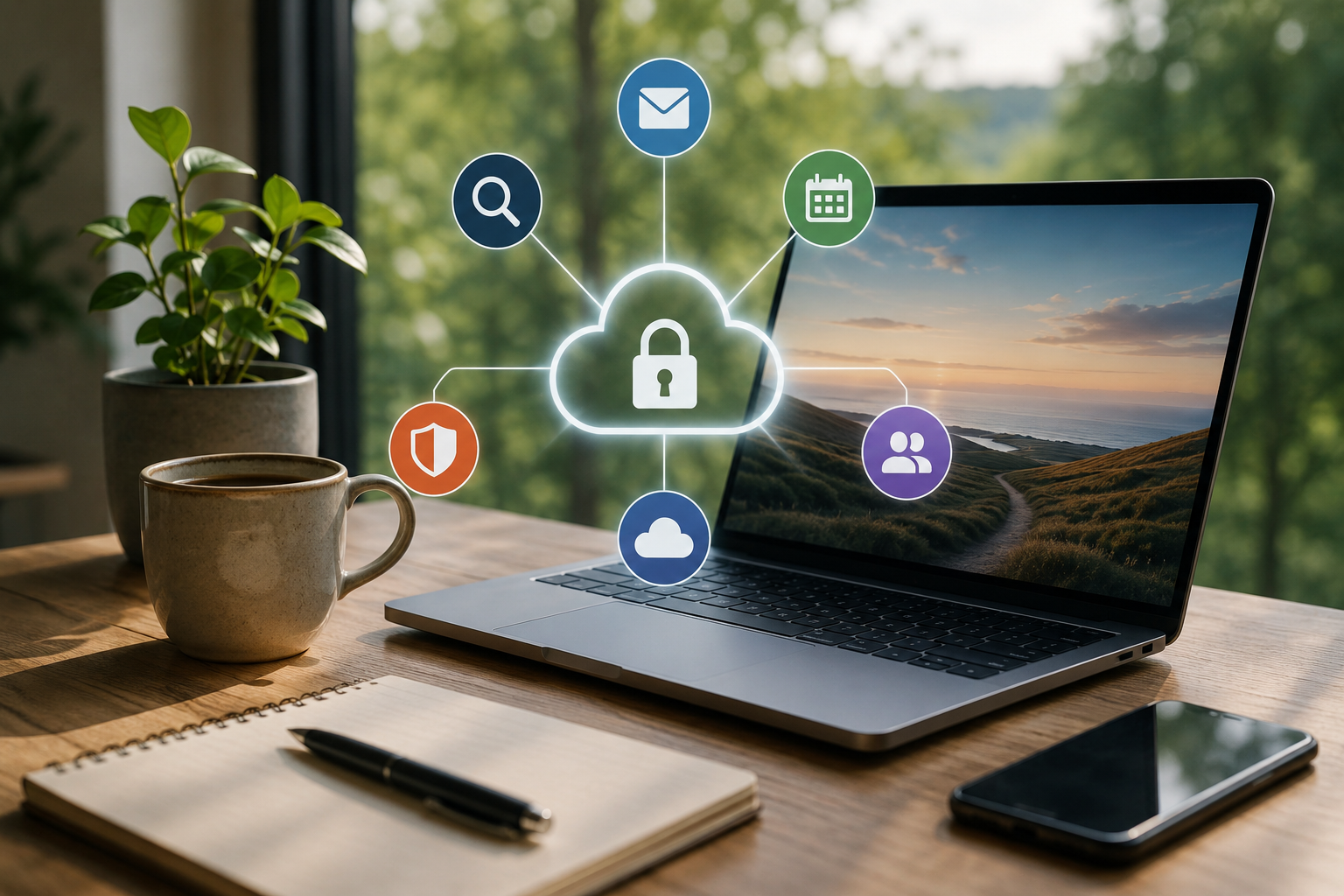 Bærbar computer på et skrivebord med ikoner for mail, kalender, søgning, cloud og sikkerhed, som symboliserer et trygt digitalt skift væk fra Big Tech.
