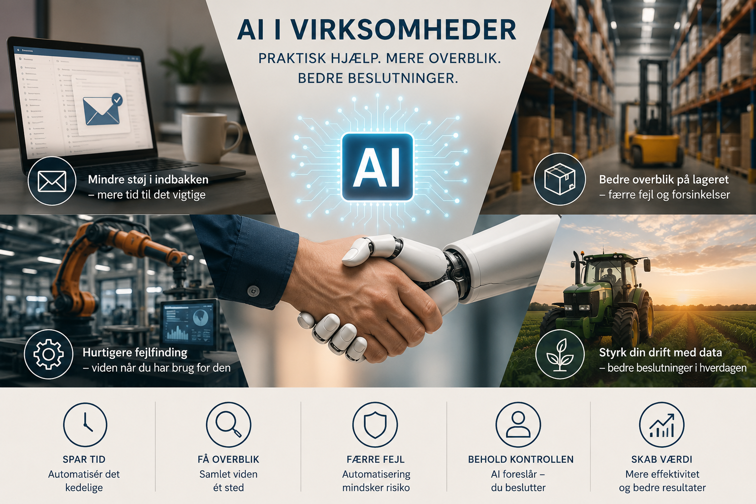 AI hjælper virksomheder med automatisering, lagerstyring, industri, landbrug og administration, mens mennesker bevarer kontrollen.
